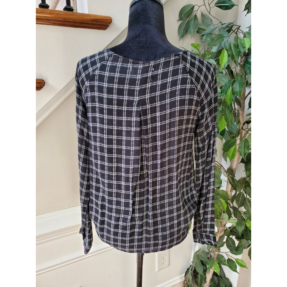 Urban Outfitters Black Blouse Plaid White Faux Wrap Open Front Cut Out Small