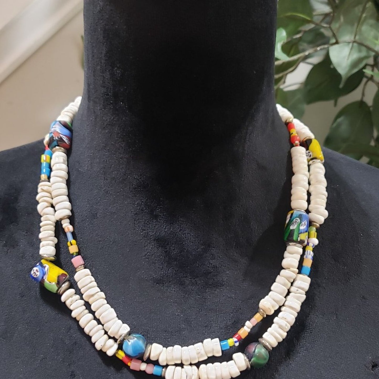 Boho Art Glass Beads, Faux Pearl Beaded Confetti Layer Long Teardrop Necklace