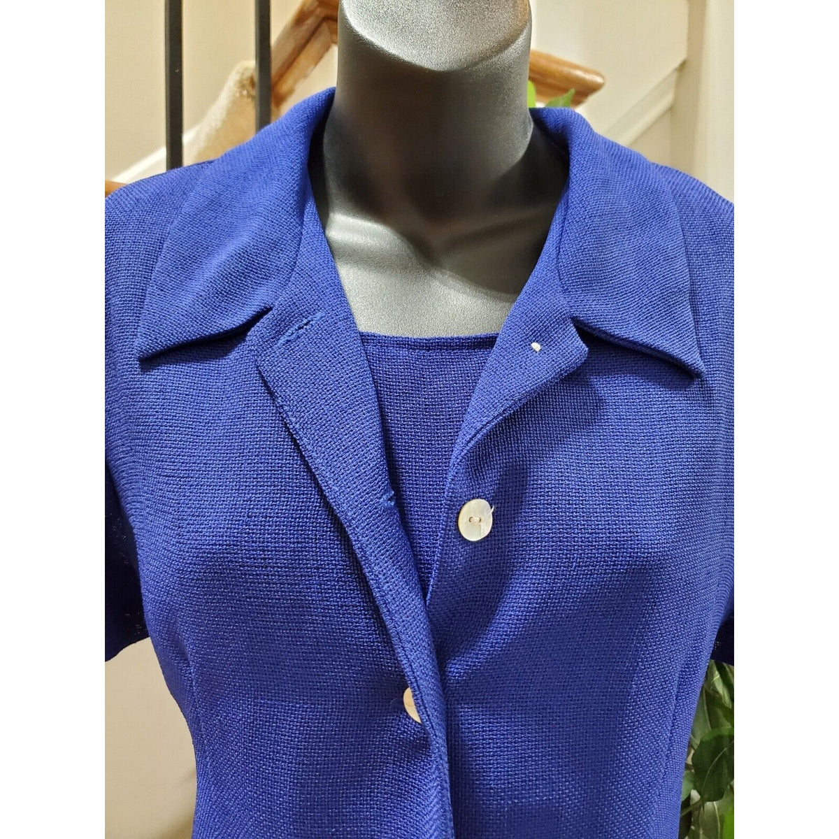 Miss Dorby Women Blue Solid Short Sleeve Jacket & Knee Length Dress 2 Pcs Suit M