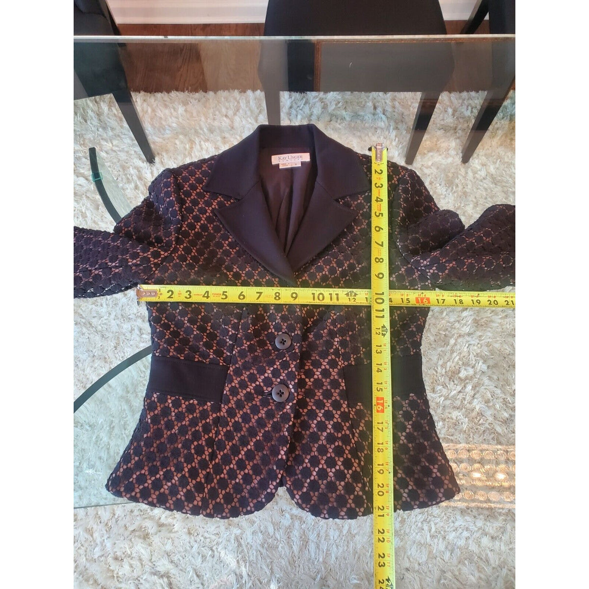 Kay Unger Womens Black Cotton 3/4 Sleeve Crochet Swiss Dot Stretch Blazer Size 6