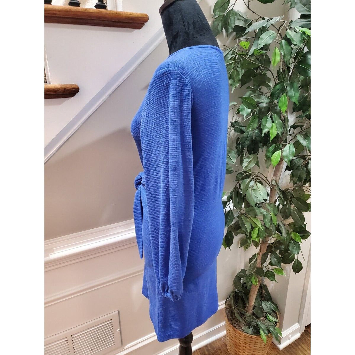 R. Vivimos Women Blue Polyester Round Neck Long Sleeve Knee Length Dress Size S