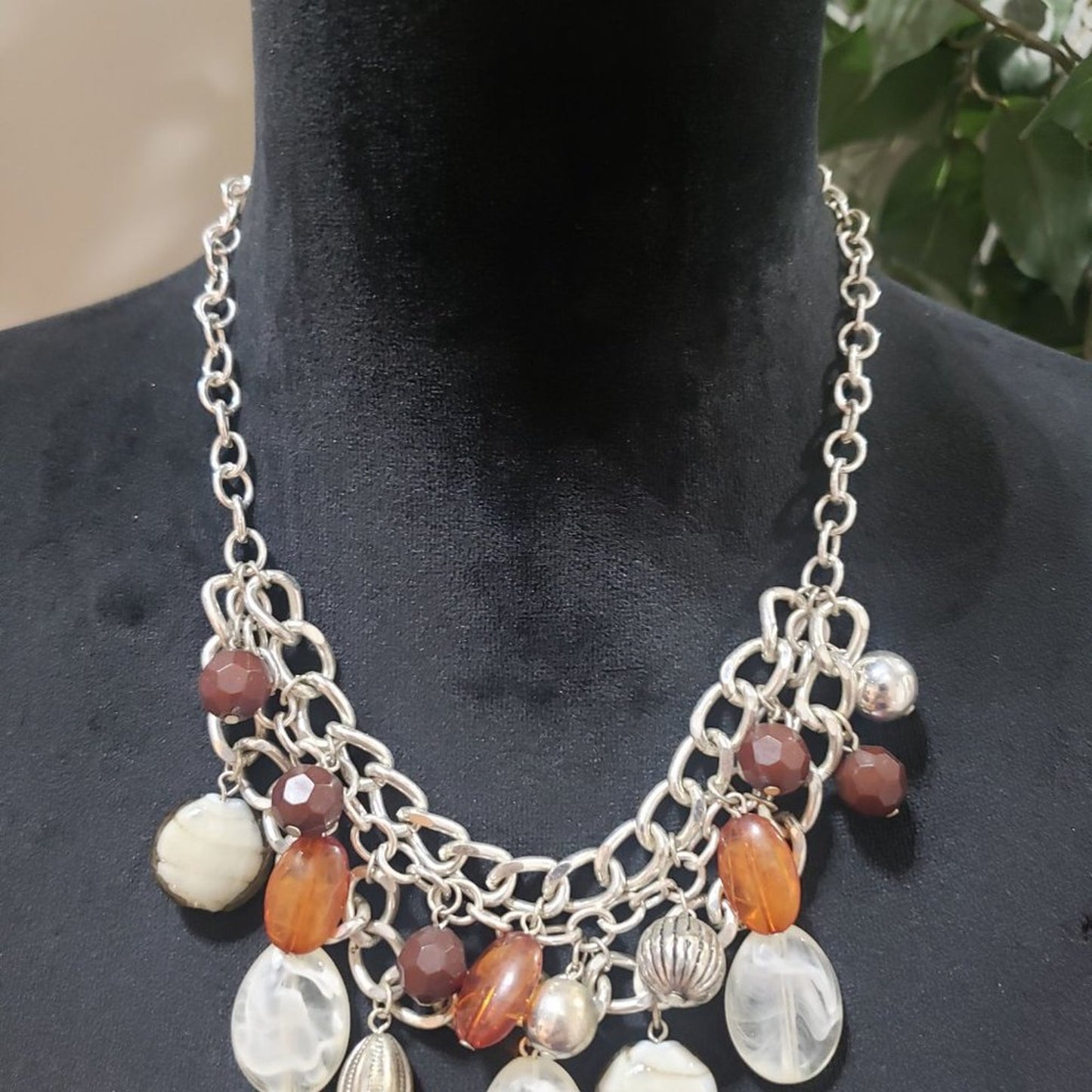 Womens Fashion Silver Tone Clear Glass Brown Polished Stone Beaded Bib Necklace