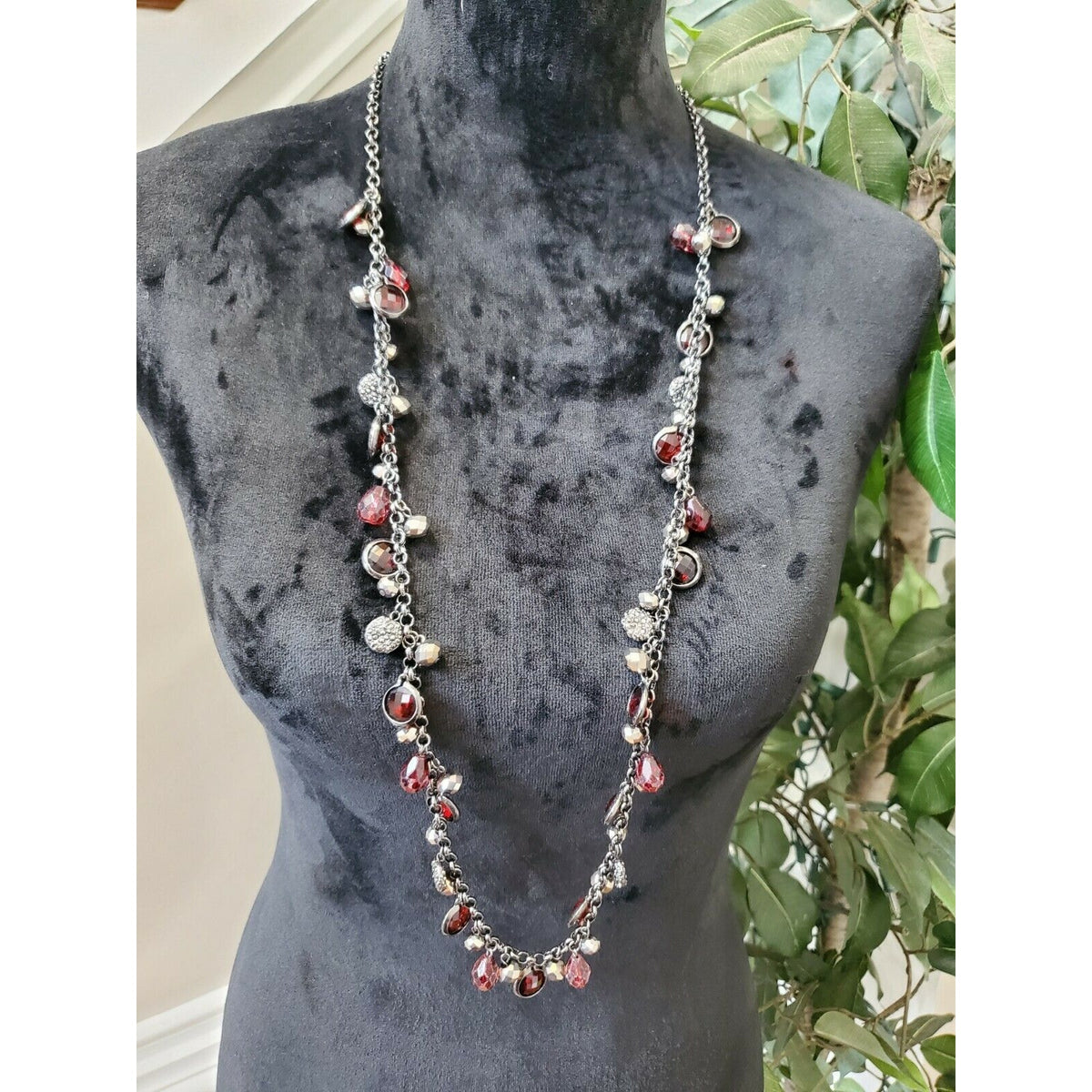 Women's Dark Red Stone with Silver Chain Necklace