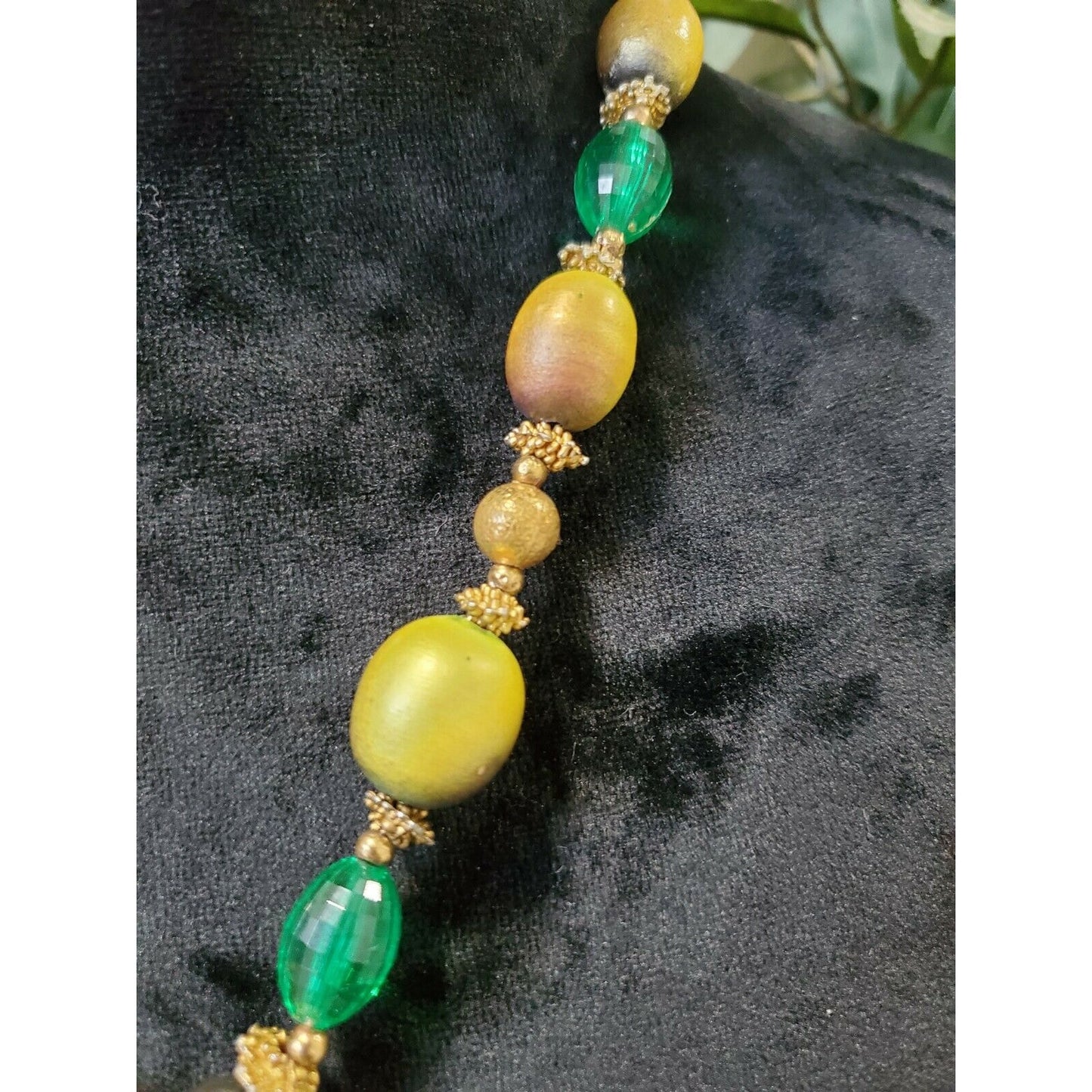 Vintage Wooden Green Olive, Crystal & Gold Ball Dangle Necklace 24"