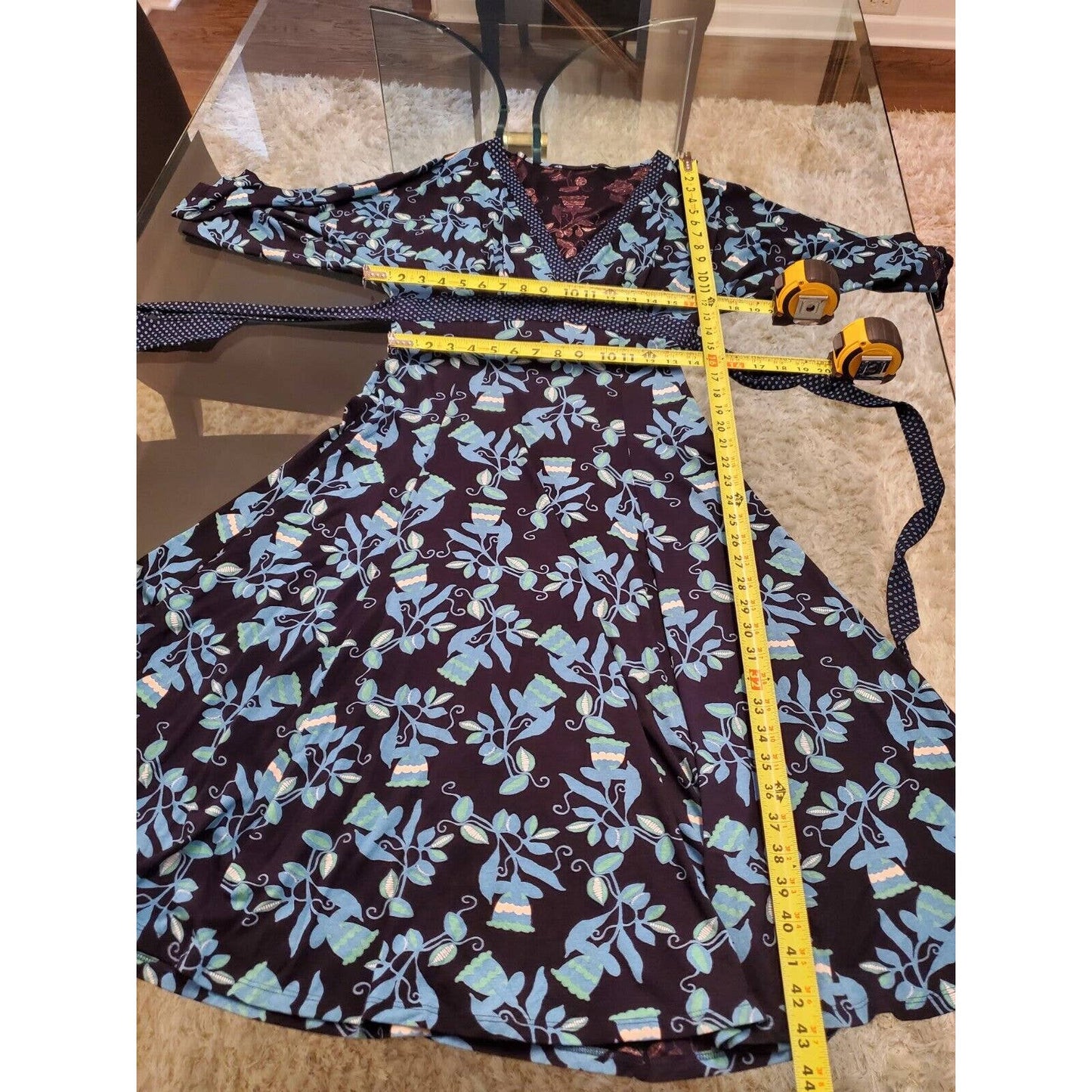 Blue Women's Floral Polyester V-Neck Casual Long Sleeves Knee Length Dress 8