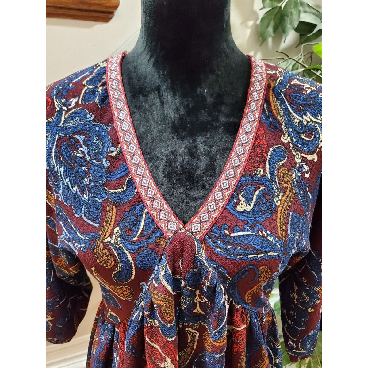 Umgee Boho Paisley Cotton V-Neck Half Sleeve Festival Dress Size Small
