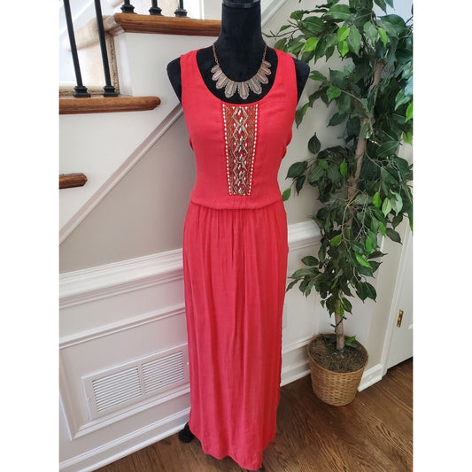 Love Reign Women's Solid Red Polyester Round Neck Sleeveless Long Maxi Dress XL