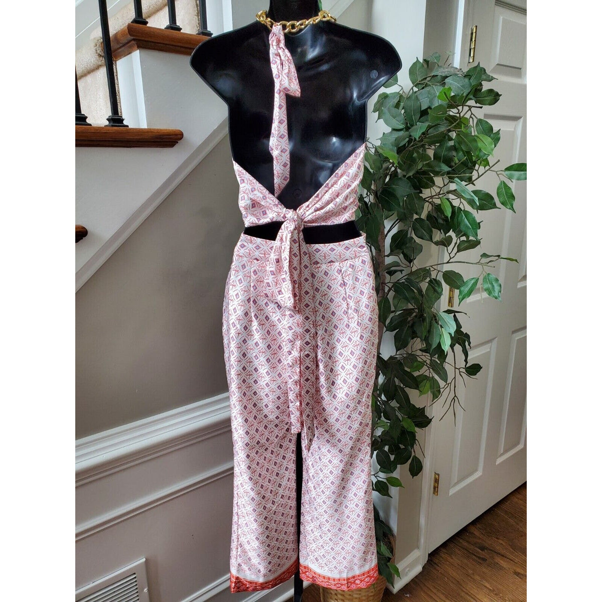 Shein Women's White & Red Polyester Halter Neck Top & Pant 2 Pcs Jumpsuit XS