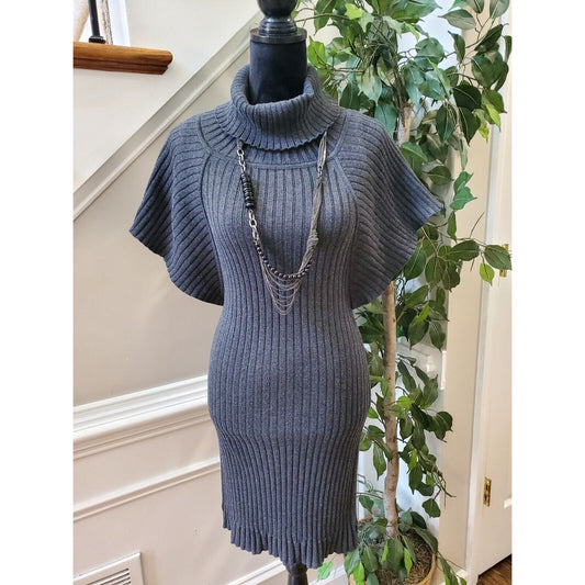 Calvin Klein Women's Gray Acrylic High Neck Short Sleeve Knee Length Dress Small