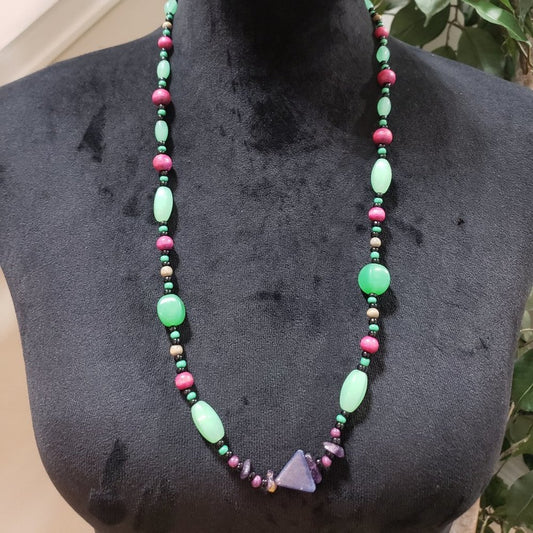 Womens Green Acrylic Stone, Garnet Triangle Colourful Beads Teardrop Necklace
