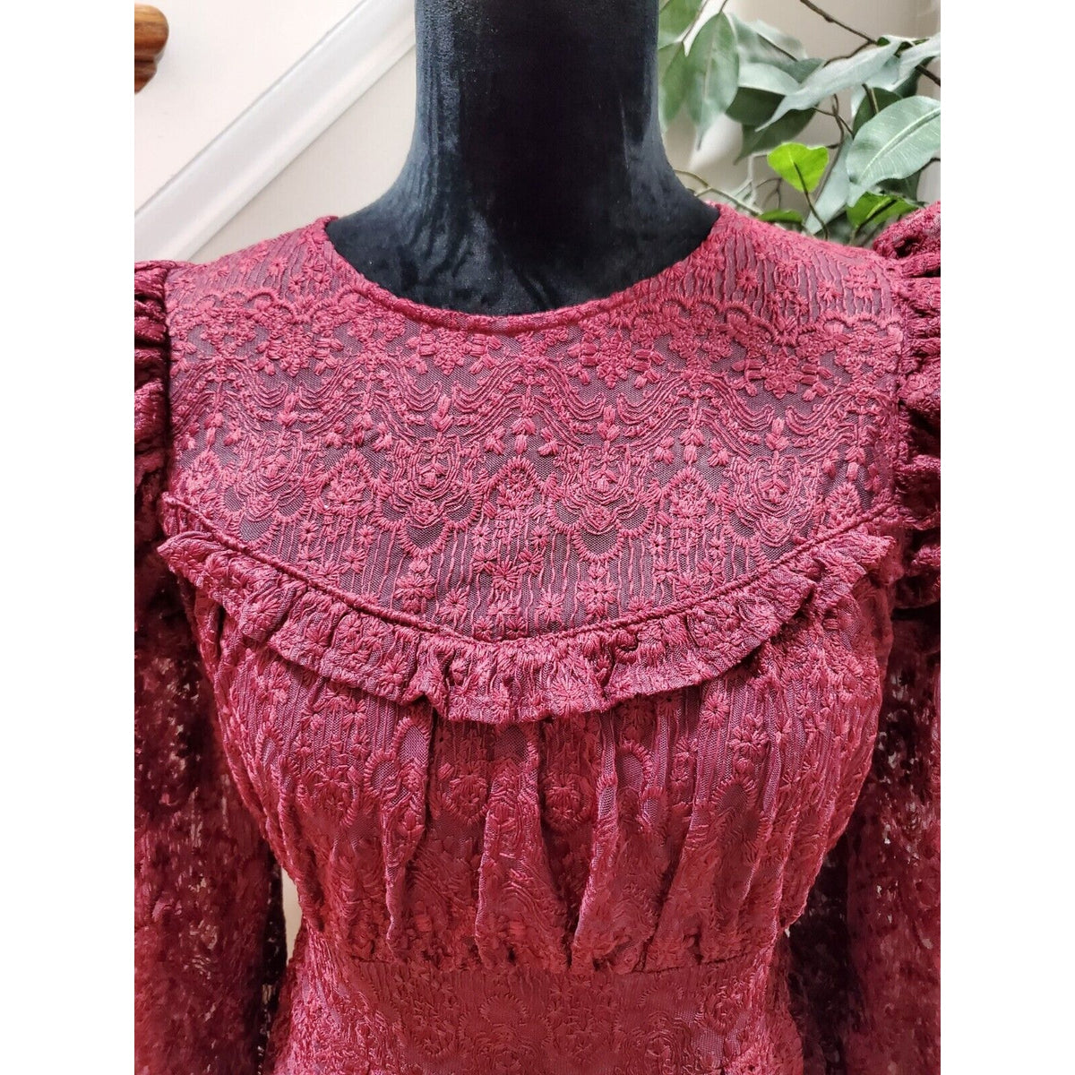 Just Me Women's Maroon polyester Round Neck Long Sleeve Knee Length Dress Size S
