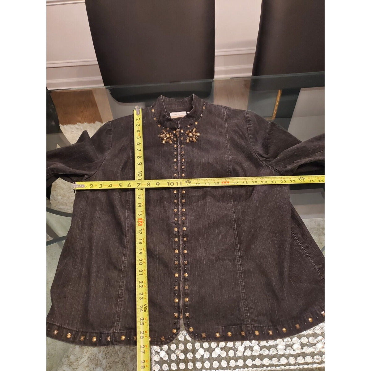 Alfred Dunner Women Gray Denim Ramie Long Sleeve Full Zip Casual Jacket Size 16W