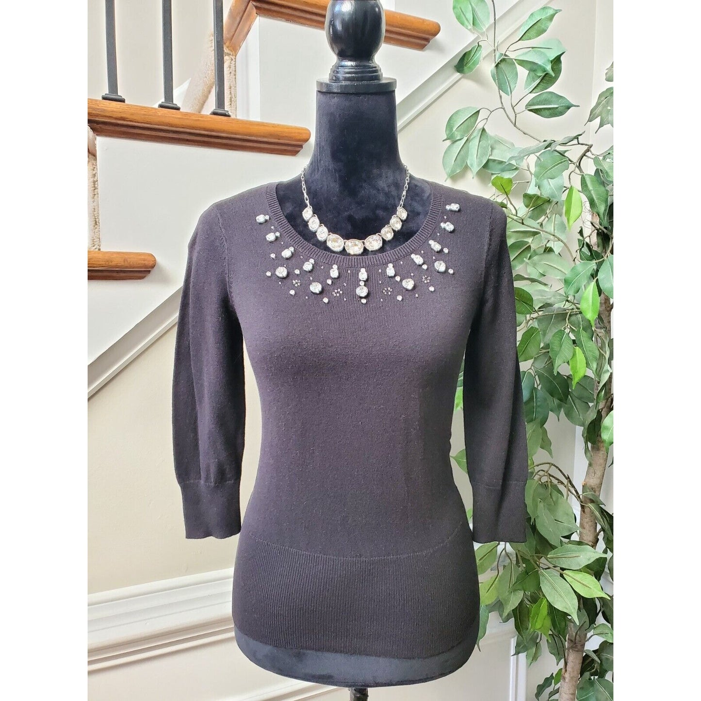 Worthington Black Embellished 3/4 Sleeve Sweater Size PS