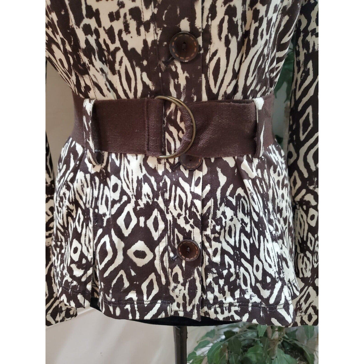 Bamboo Traders Women's Brown White Long Sleeve Belted Button Front Jacket Medium
