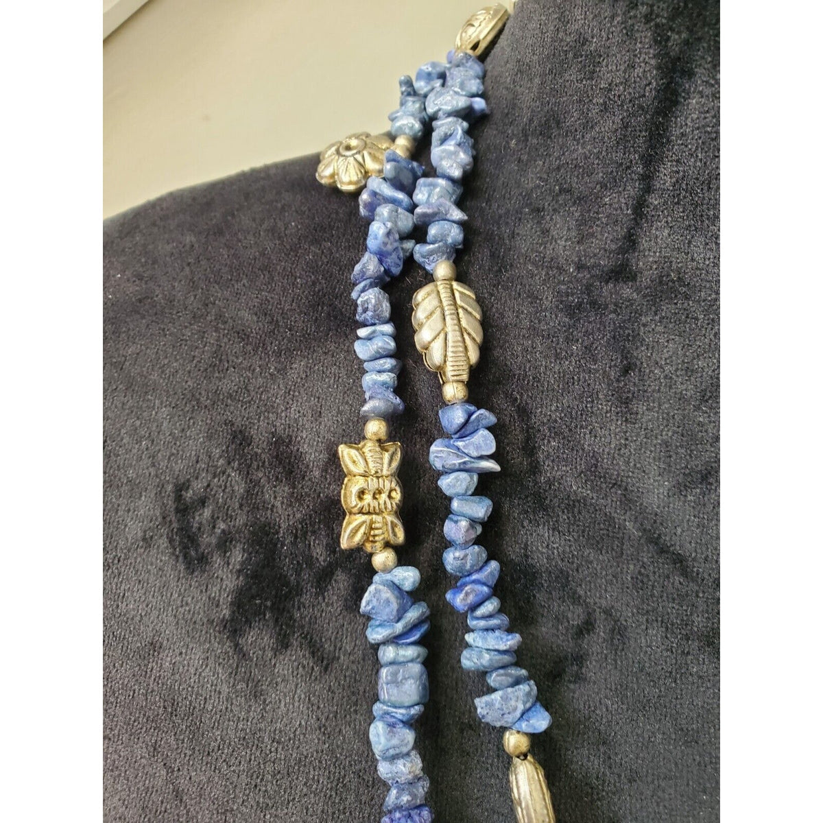 Women's Vintage Blue Stone Chips With Charms Long Fashion Jewelry Necklace