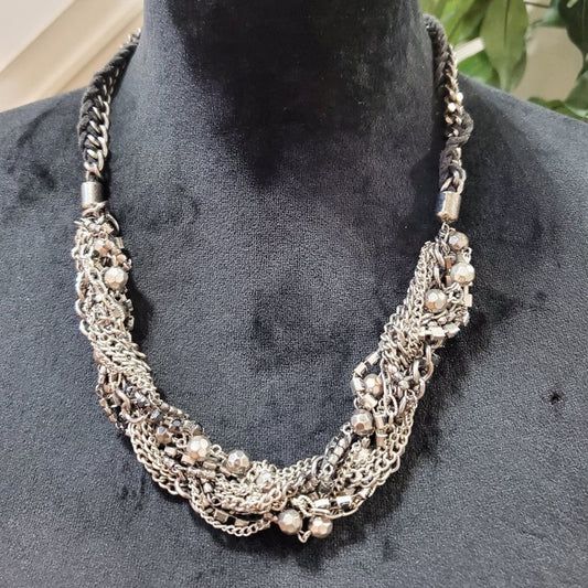Womens Chunky Braided Mixed Silver Chains Necklace