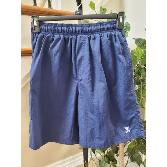 TYR Men Blue Solid 100% Nylon Pull On Drawstring Logo Print Shorts Size Medium