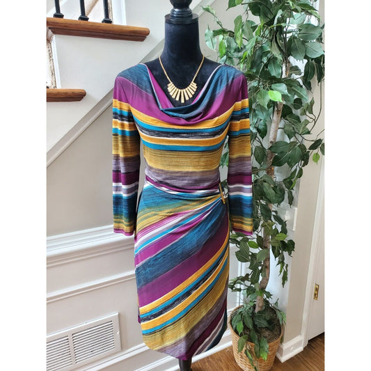 Tahari Women Multicolor Polyester Cowl Neck Long Sleeve Knee Length Dress Size 8