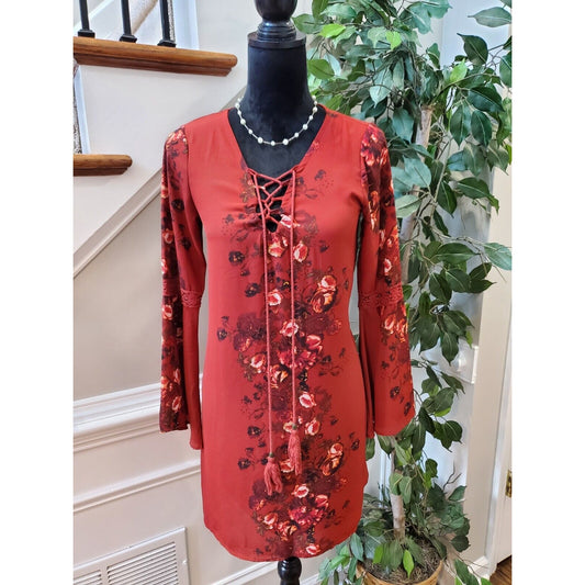Altar’d State Red Floral Lace Up Boho Bell Sleeve V Neck Knee Length Dress Small