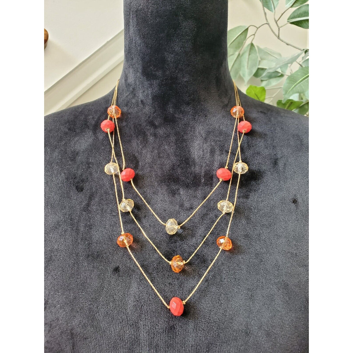 Gold Tone Layered Chains with Rust And Beige Beaded Necklace