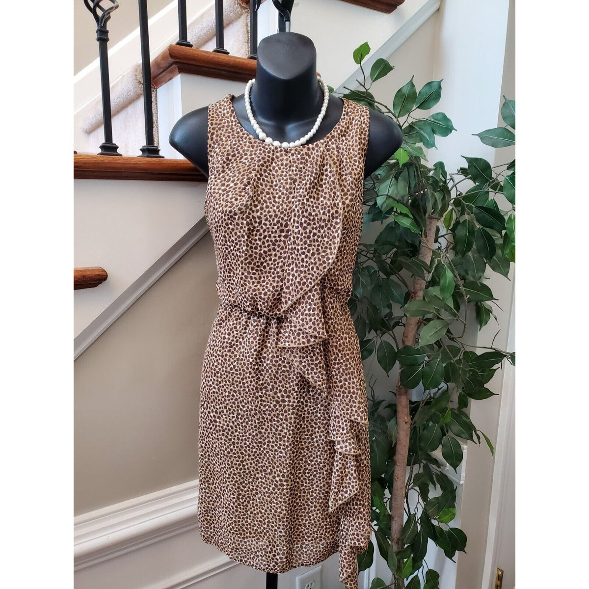 H&M Women's Beige & Brown Animal Print Sleeveless Round Neck Knee Length Dress 6
