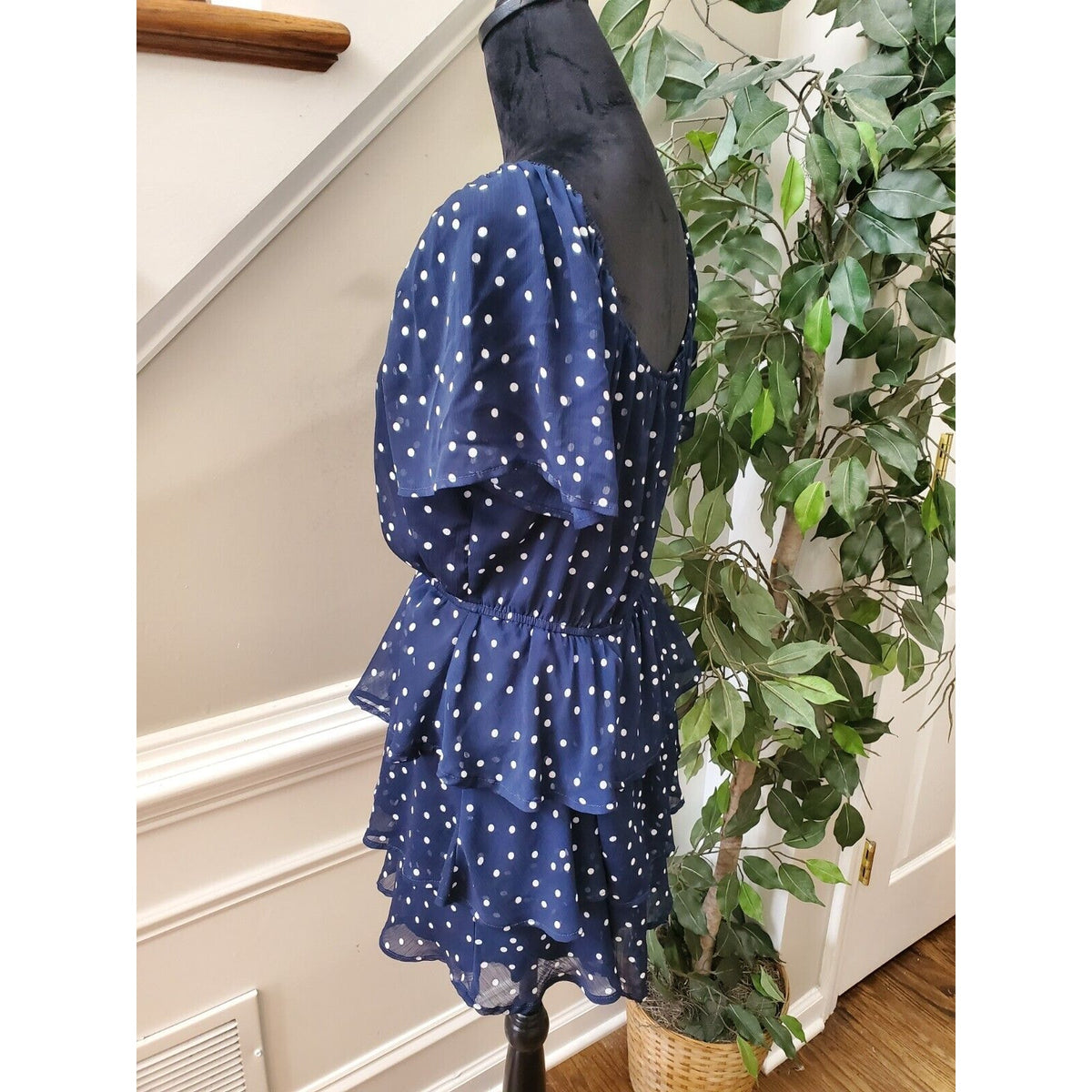 Trixxi Womens Small Polka Dot Mini Dress Navy White Flutter Sleeve Nautical L
