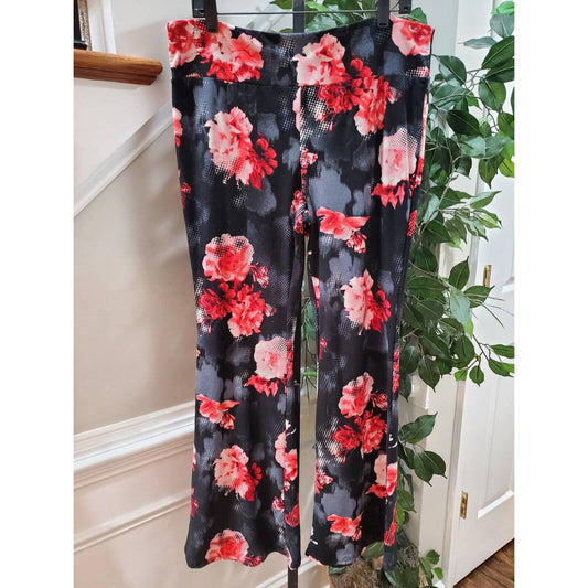 No Boundaries Women's Black Floral Polyester Mid Rise Pull On Trouser Pant 3XL