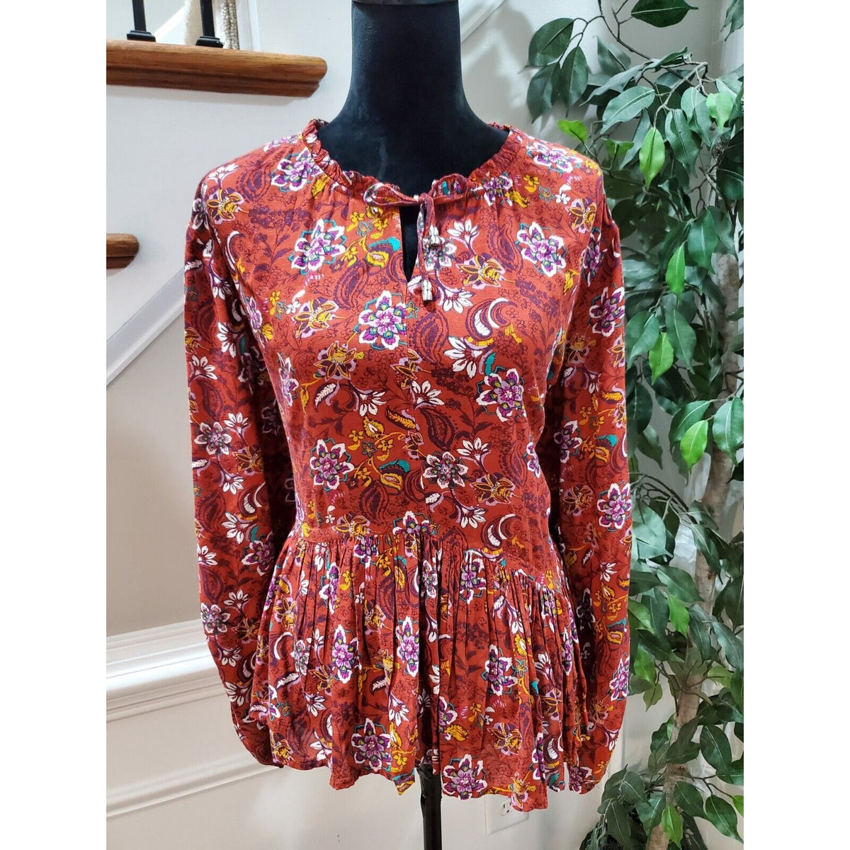 Women Brown Floral 100% Viscose Round Neck Long Sleeve Casual Top Blouse Size XL