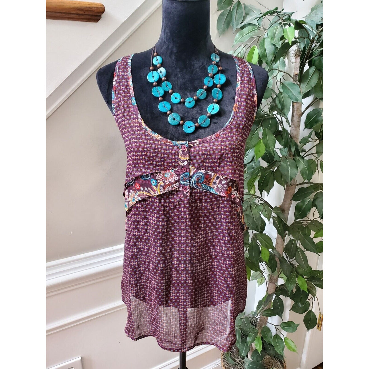 Mossimo Supply Co Sheer Purple Teal Scoop Neck Sleeveless Tunic Top Blouse XL.
