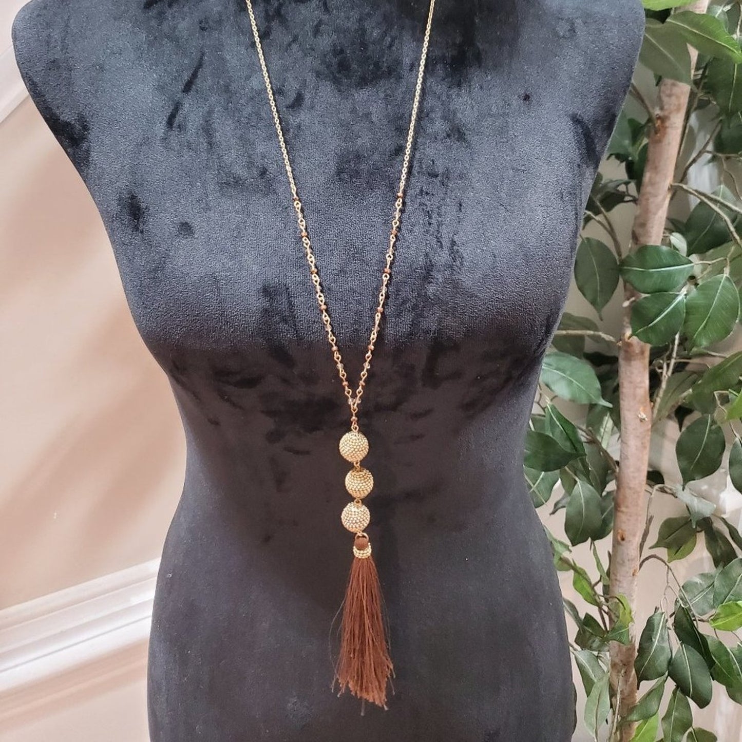Womens Tassel  Long Gold with Faux Pearl Pendant Necklace