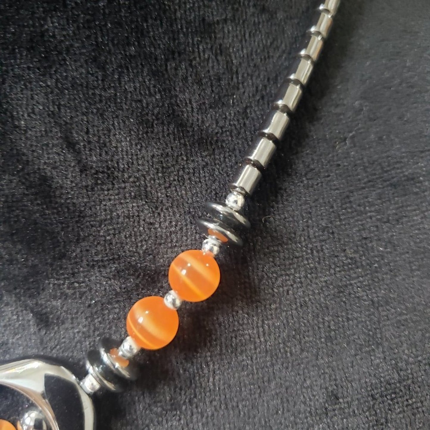 Womens Genuine Hematite Stones and Orange Beads Heart Shaped Pendant Necklace