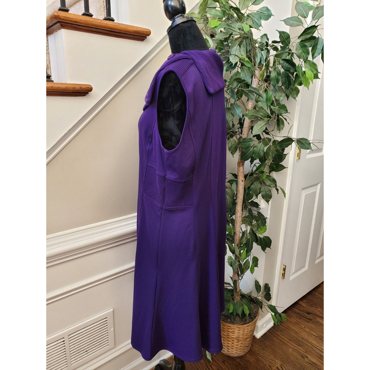 Spense Women's Purple Solid Polyester Cowl Neck Sleeveless Knee Length Dress 14