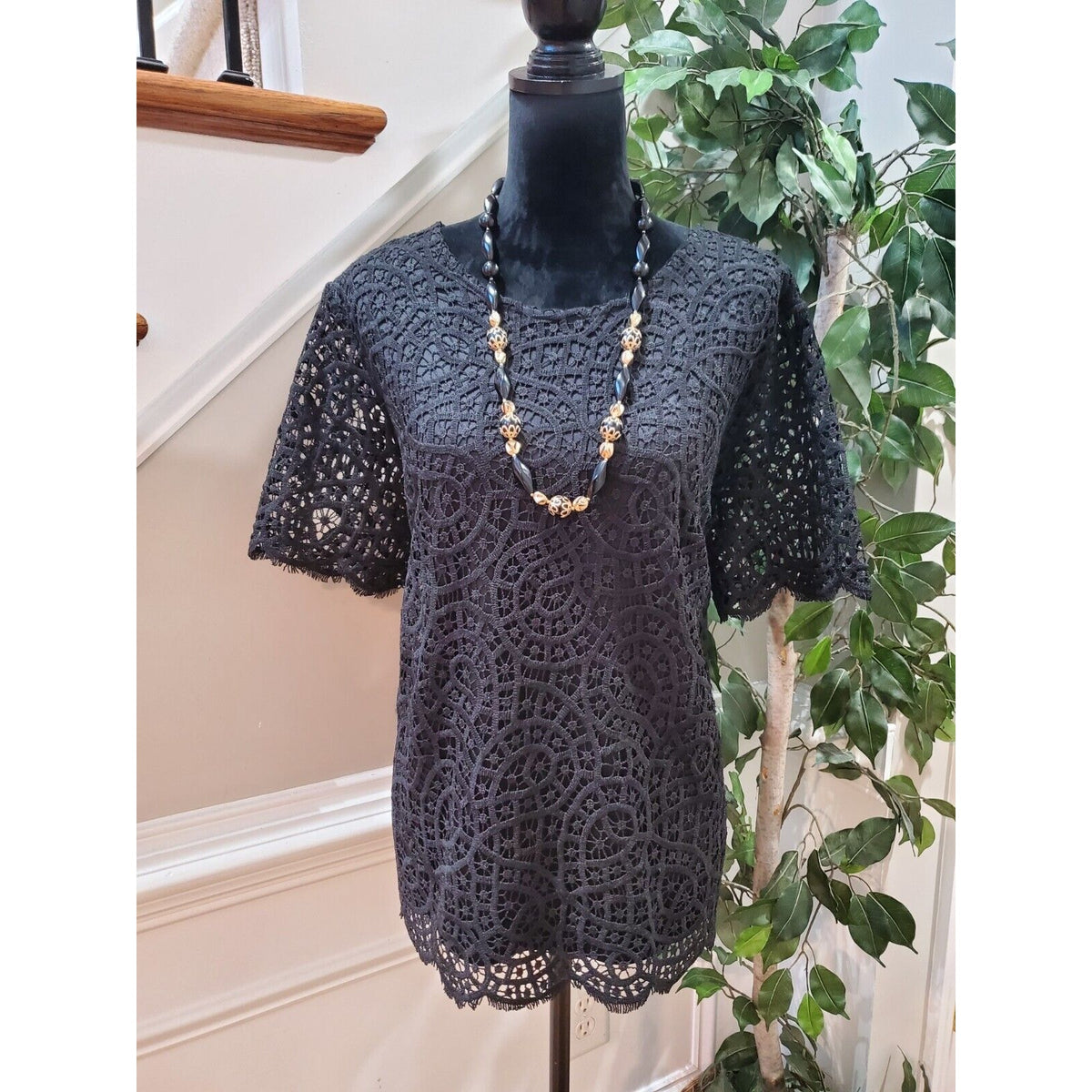 Philosophy Women's Black Lace Round Neck Short Sleeve Top Blouse Shirt Size XXL