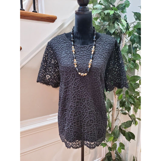 Philosophy Women's Black Lace Round Neck Short Sleeve Top Blouse Shirt Size XXL