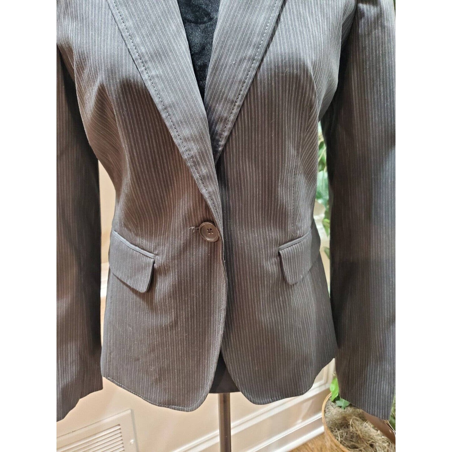Banana Republic Women Gray Striped Cotton Long Sleeve Single Breasted Blazer 8