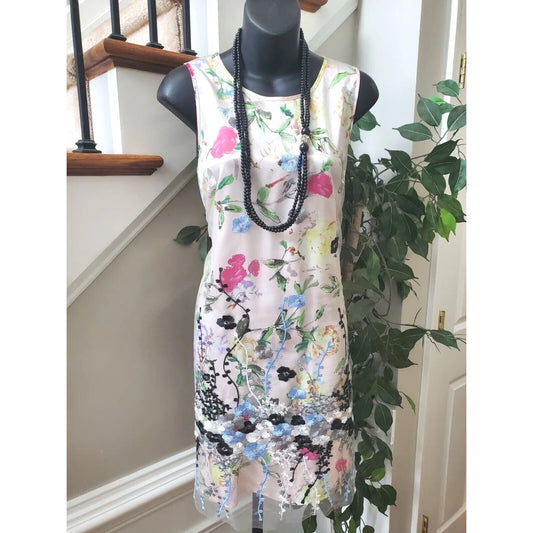 Spense White Floral 100% Nylon Sleeveless Casual Round Neck Knee Length Dress M