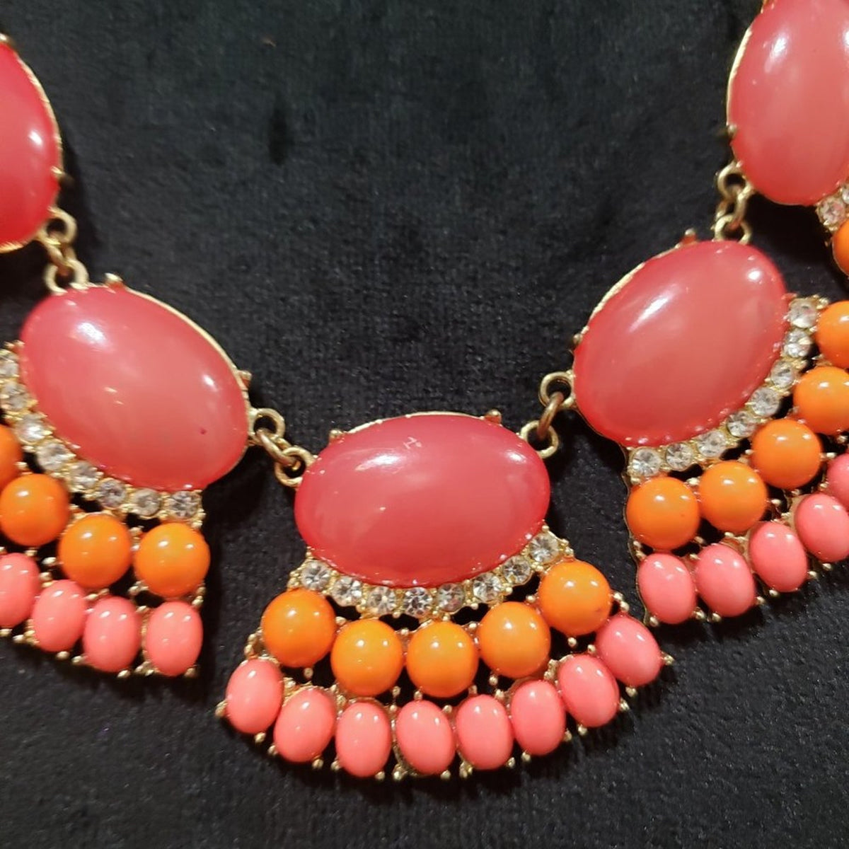 Women's Vintage Gold Tone, Pink Rhinestones & Orange Beaded Fashion Necklace