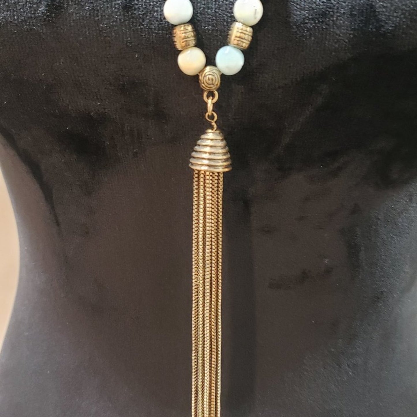 Womens Fashion Gemstone Gold Tone Beads Tassel Fringe Necklace with Lobster