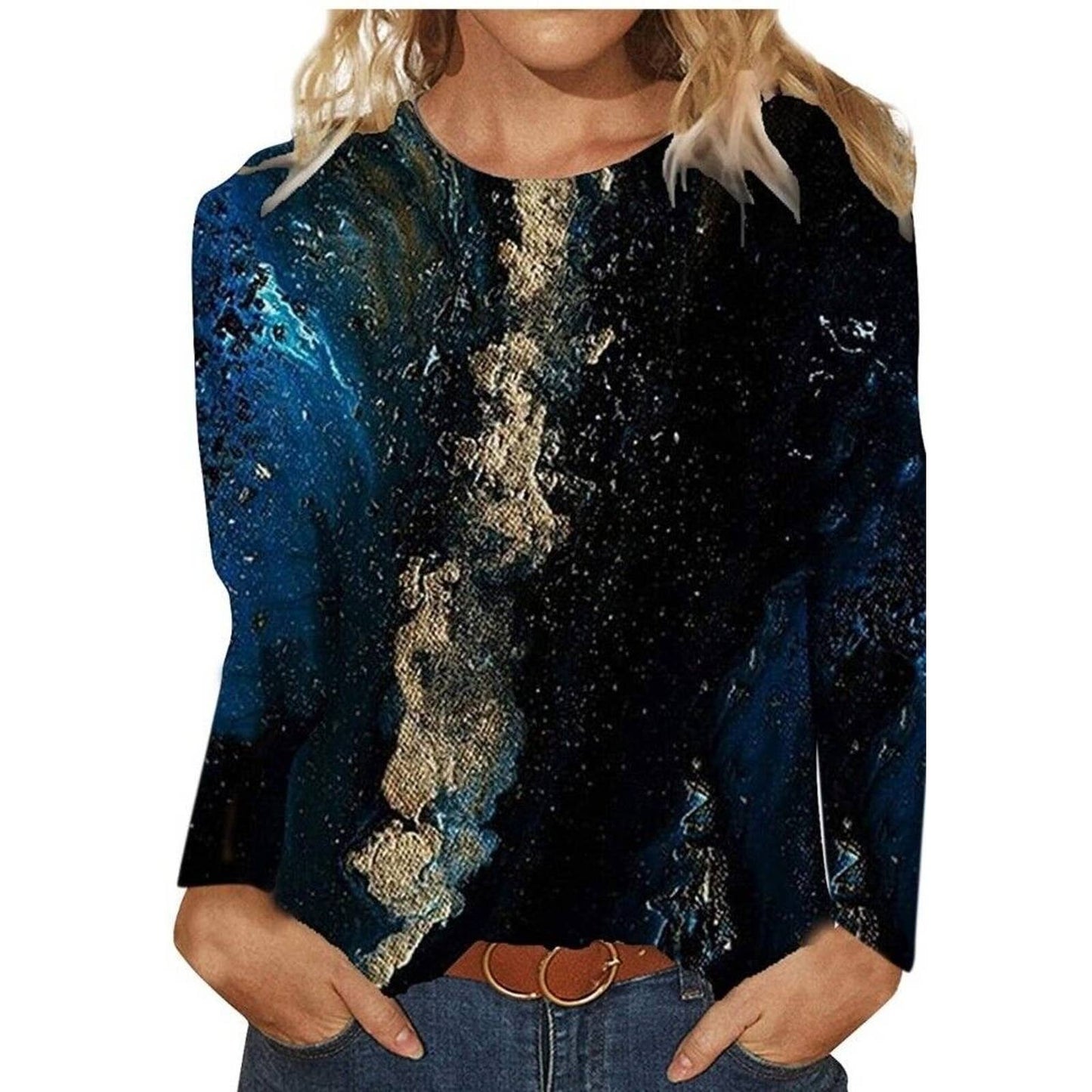 SHEIN Women's Blue Polyester Crew Neck Long Sleeve Casual Top Shirt Size Small