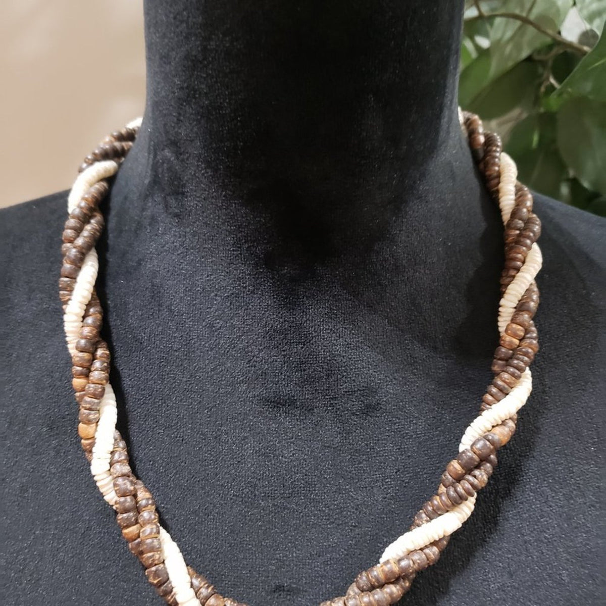 Womens Fashion Wooden & Glass Beaded Braided Collar Necklace with Magnetic Clasp