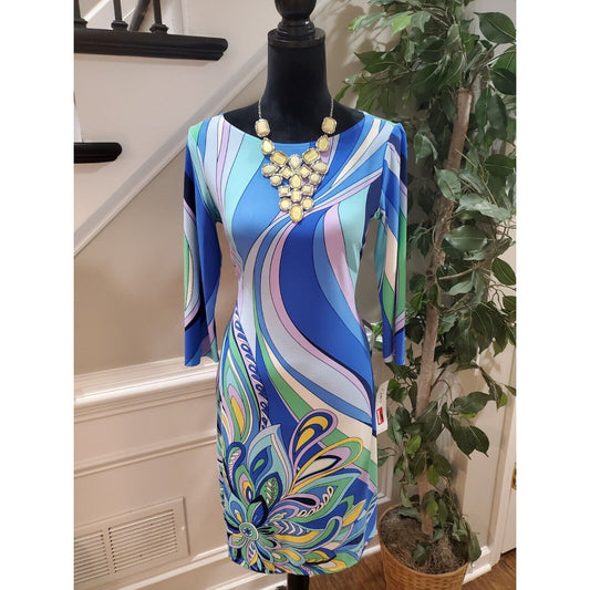 London Times Women Multicolor Round Neck 3/4 Sleeve Knee Length Dress Size Small