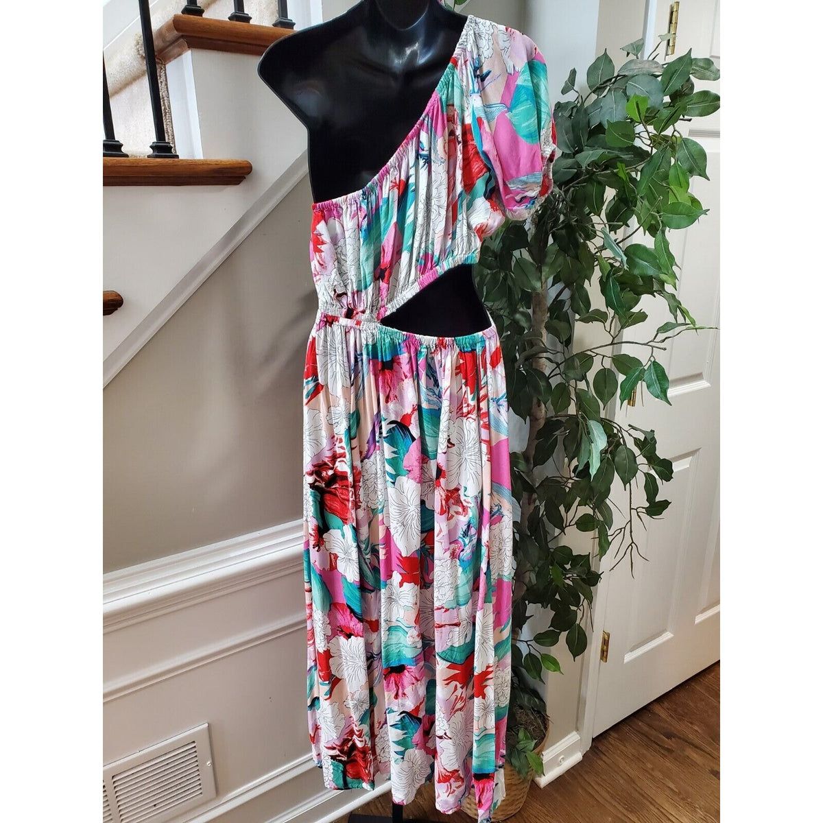 America & Beyond Women Floral Viscose One Shoulder Off Casual Long Maxi Dress M