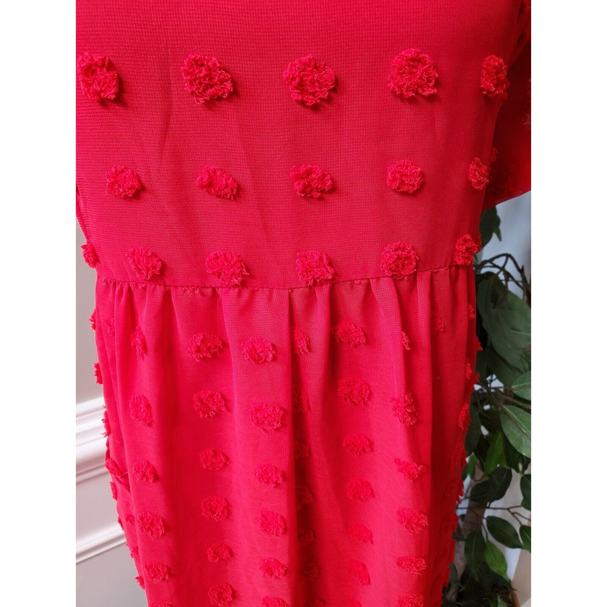Miholl Red Pom Pom Babydoll Polyester V-Neck Short Sleeve Dress X-Large