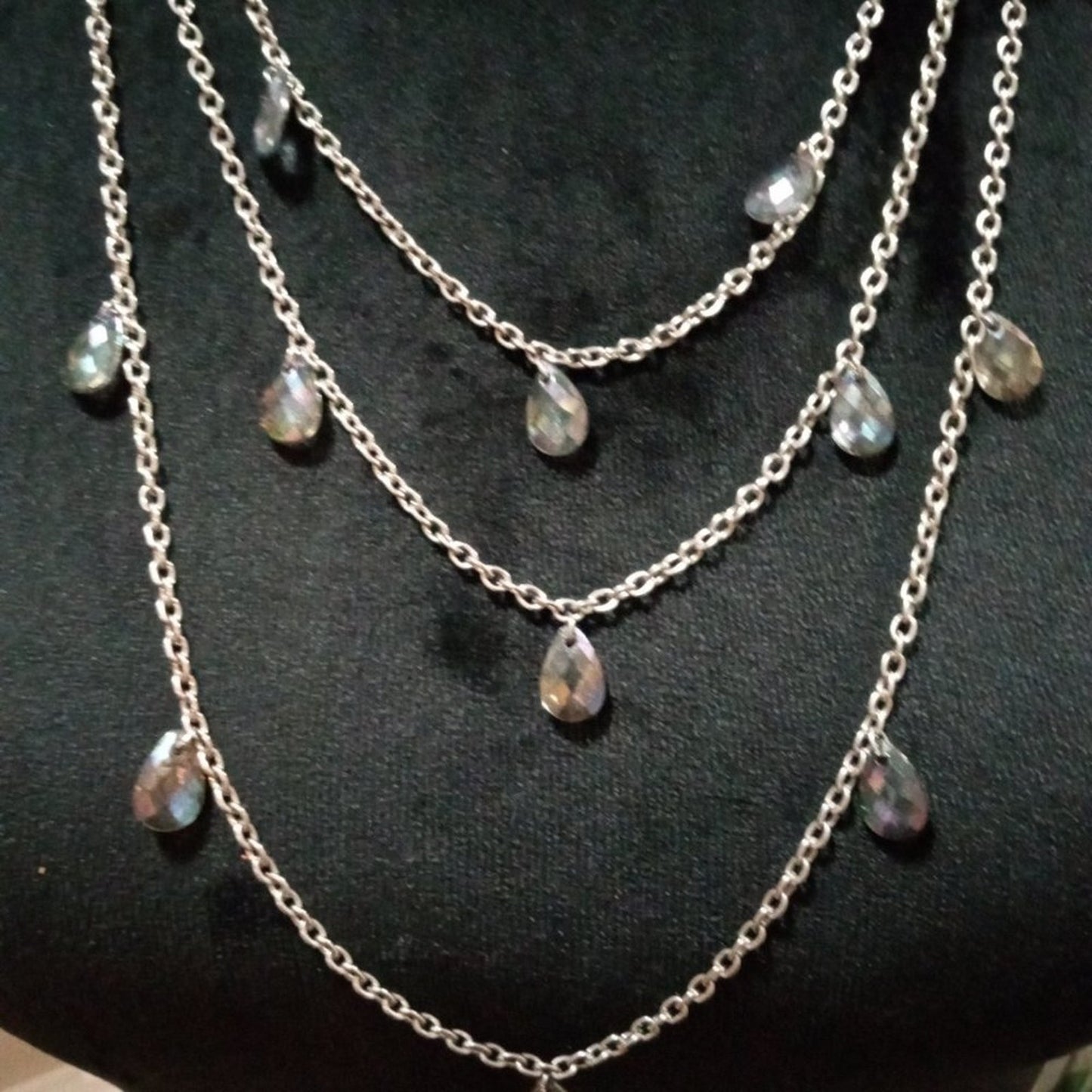Womens Fashion Silver Tone Triple Layered Chunky Rhinestones Charm Necklace