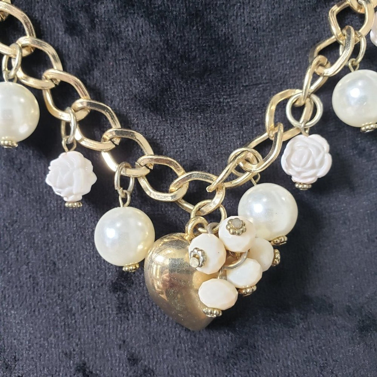 Womens Fashion Round Pearl Beads White Flower Gold Tone Heart Pendant Necklace