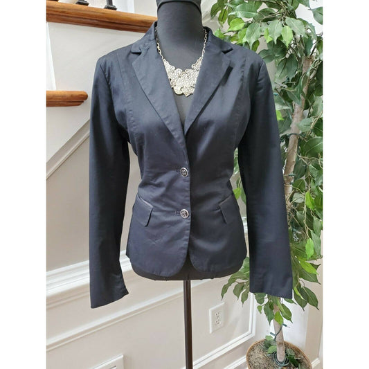 7th Avenue Women Solid Black Cotton Long Sleeve Fitted Two Buttons Blazer Size 8