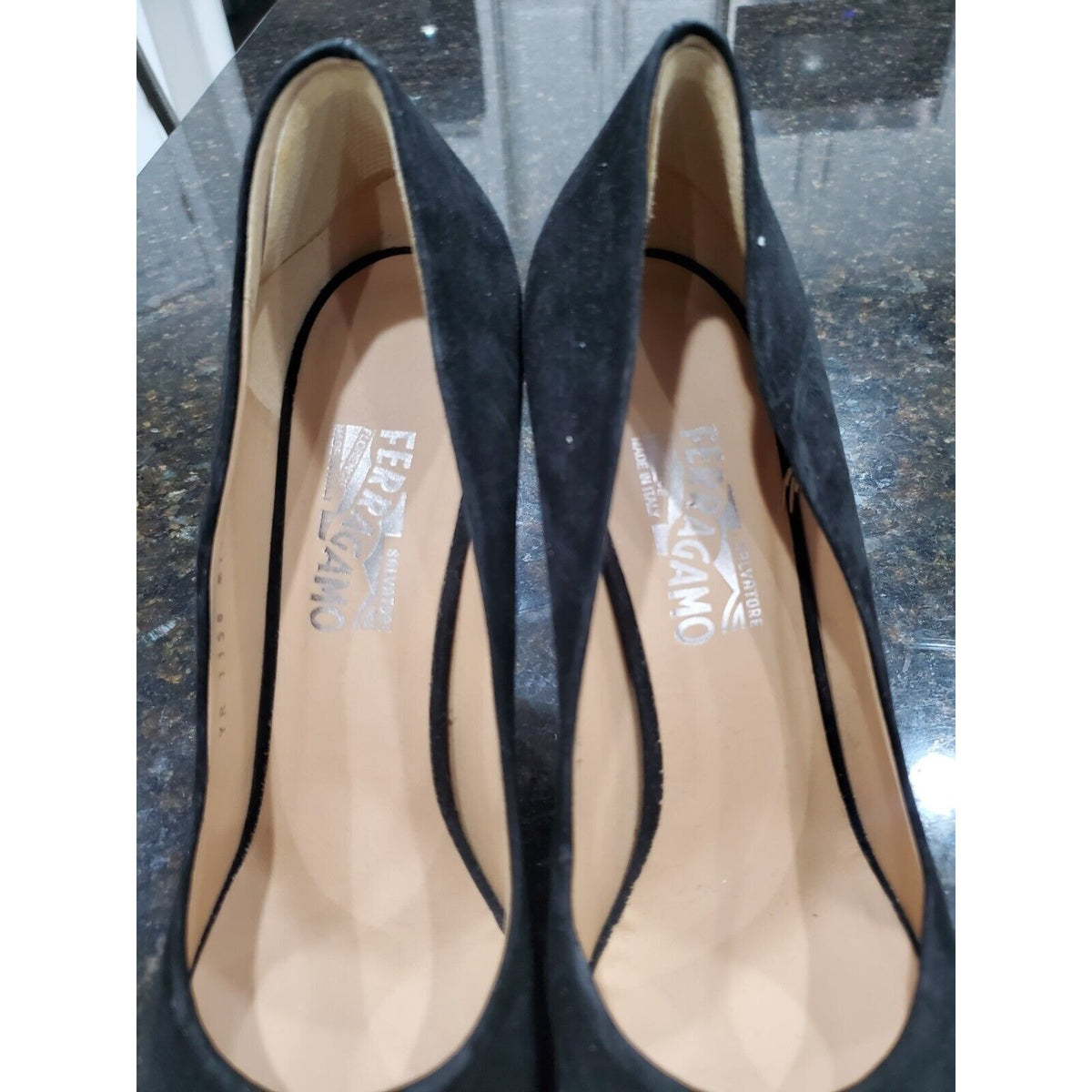 Salvatore Ferragamo Women's Black & Gold Toe More Suede Chain Cap-Toe Pumps 10