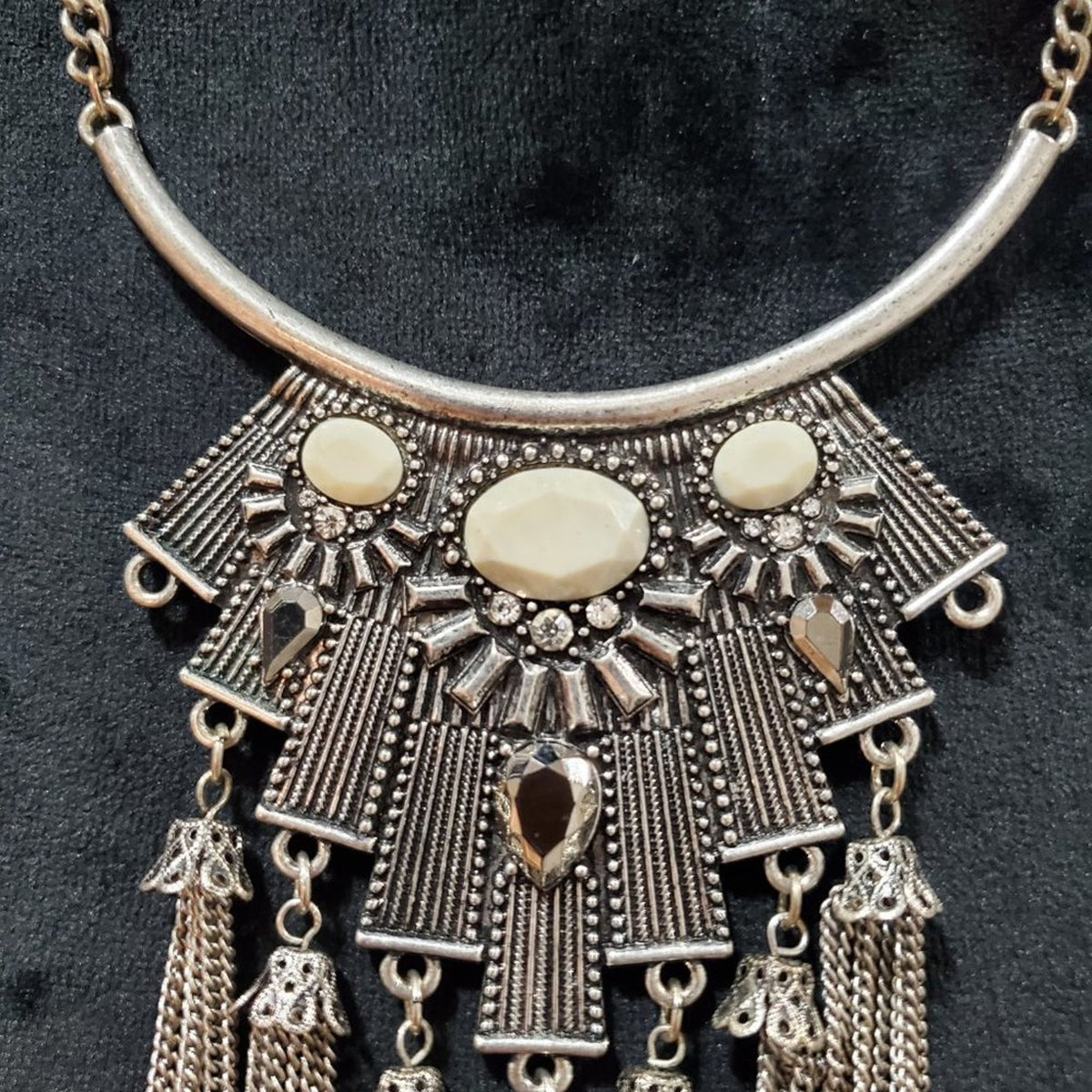 Women's Silver Turkish Statement Long Tassel and Pendant Necklace