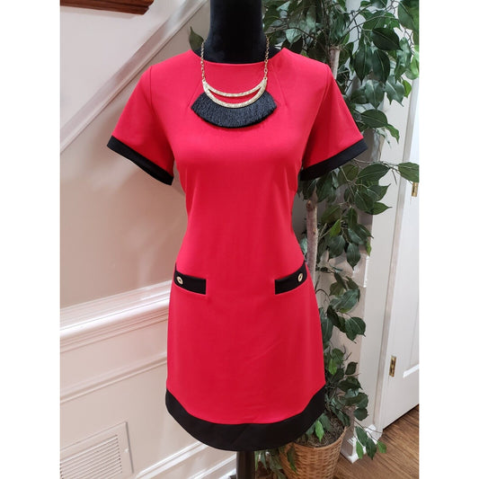 Tommy Hilfiger Womens Red Polyester Round Neck Short Sleeve Knee Length Dress 10
