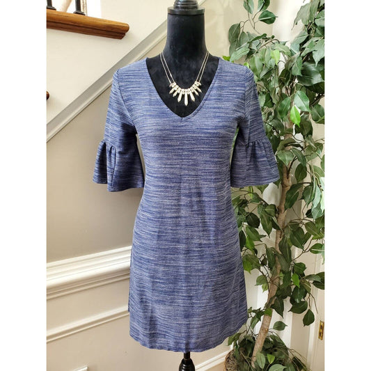 Women's Blue Striped Polyester V-Neck 3/4 Sleeve Knee Length Dress Size Small